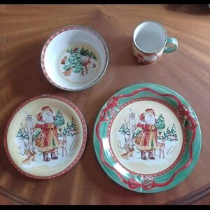 Woodland Santa By Noble Excellence 4 Piece Plate Bowl Mug Salad Like New